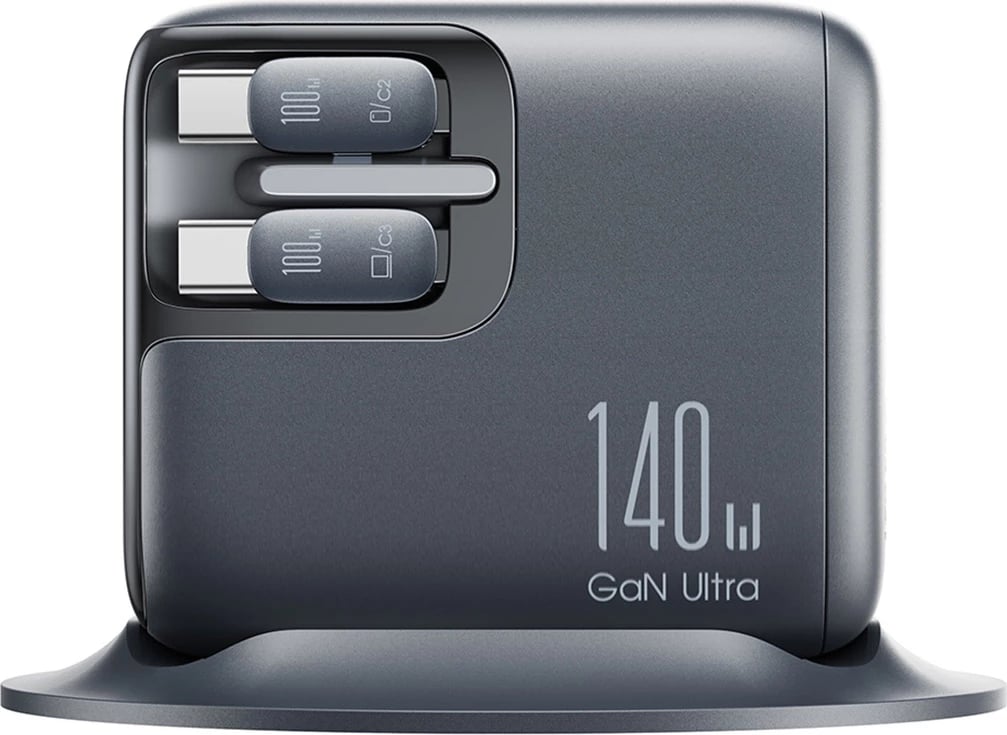 Karikues tavoline GaN, Joyroom Podix JR-TRD01, 140W, 5 porta me dy kabllo USB-C tërheqëse, gri