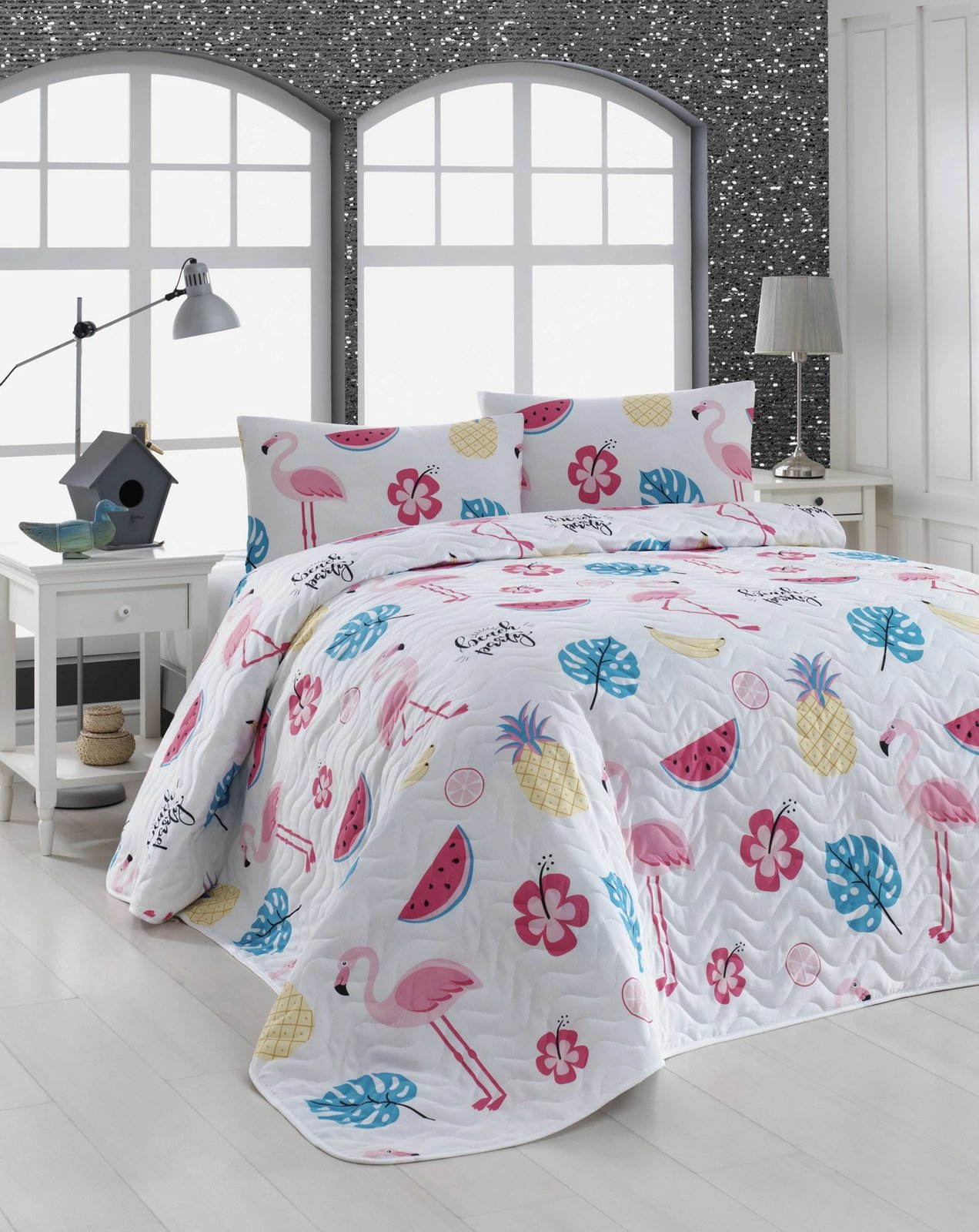 Përparëse e madhe e qepur, ngjyrë e bardhë me motive shumëngjyrëshe, L'Essentiel Linge de Maison, 250x200cm