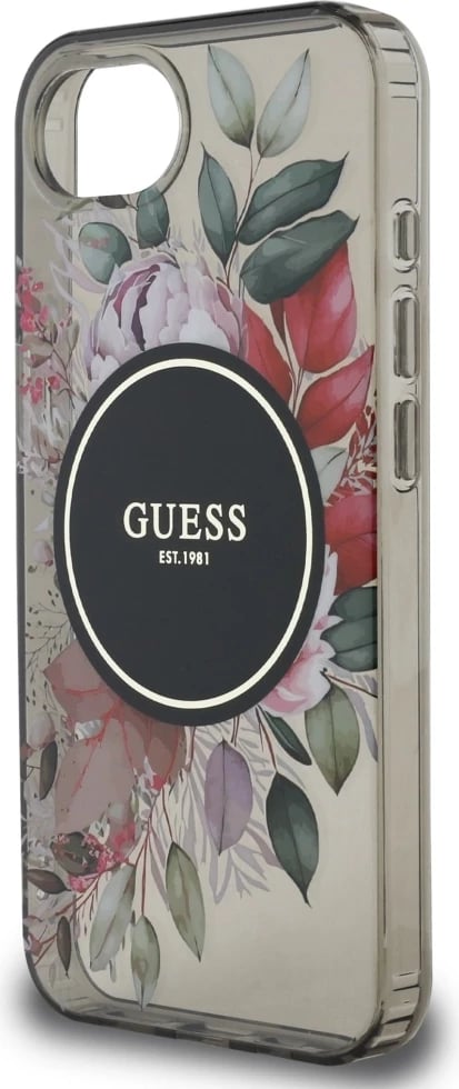 Mbështjellës Guess IML Flowers MagSafe për iPhone 16e, i zi Mbështjellës Guess IML Flowers MagSafe për iPhone 16e, i zi