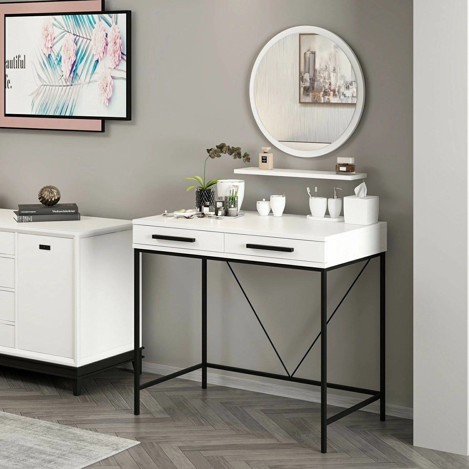 Tavolinë grimi Skye Decor, pasqyrë Sane2, e bardhë