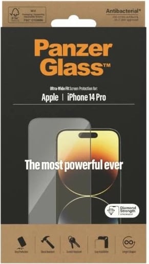 Mbrojtës ekrani PanzerGlass Ultra-Wide Fit për iPhone 14 Pro, xham i temperuar, antibakterial