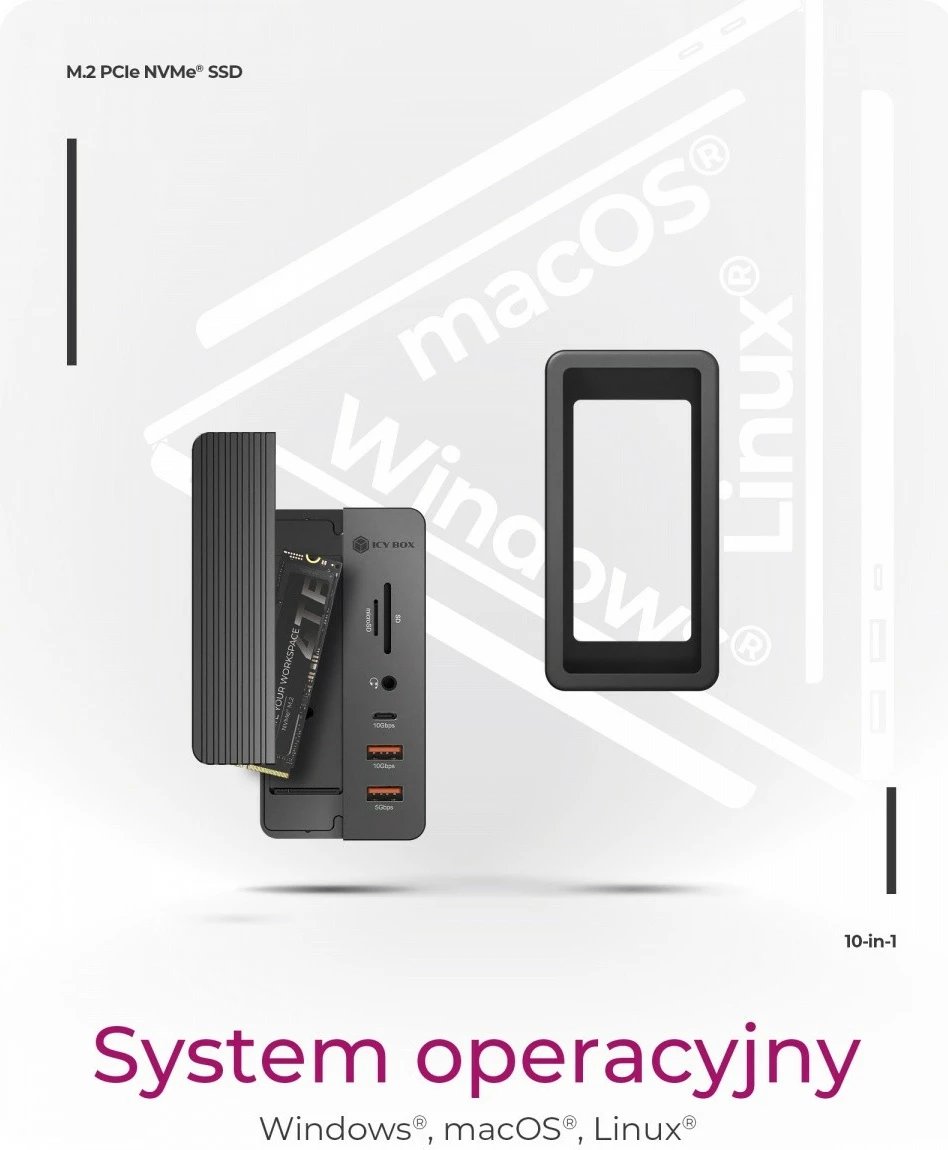 Docking station IcyBox IB-DK4072M-CU31 me kasë NVMe SSD, 10 porte, e zezë