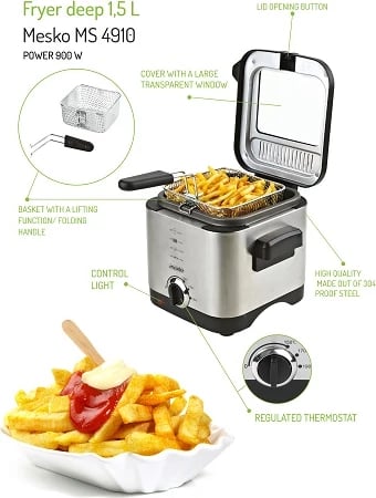 Fritezë e thellë, Adler Mesko MS 4910, 1.5 L 900 W, termostat i rregullueshëm, çelik inox, argjendtë/zi