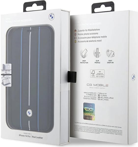Mbështjellës BMW Leather Stamp Blue Lines për iPhone 14 Pro Max, 6.7", i zi, bookcase