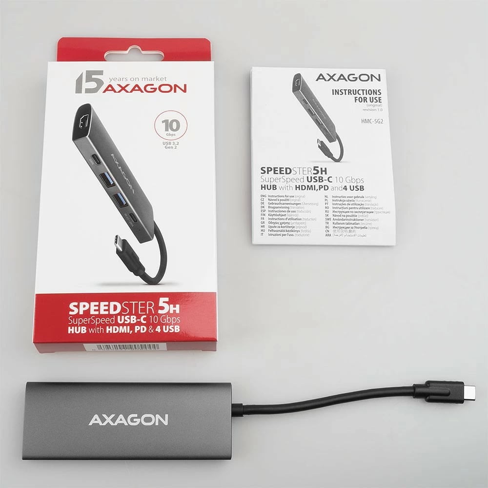 Hub USB-C AXAGON HMC-5G2, 5 porte, 10Gbps, HDMI 4K/60Hz, PD 100W, 13cm, zi/gri