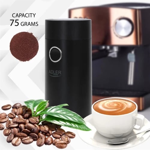 Mulli kafeje elektrik, Adler AD 4446, 150 W, kapacitet 75 g, kapak transparent, i zi/argjendtë