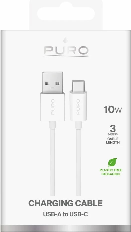 Kabllo Puro USB-A në USB-C 3m, 10W, e bardhë