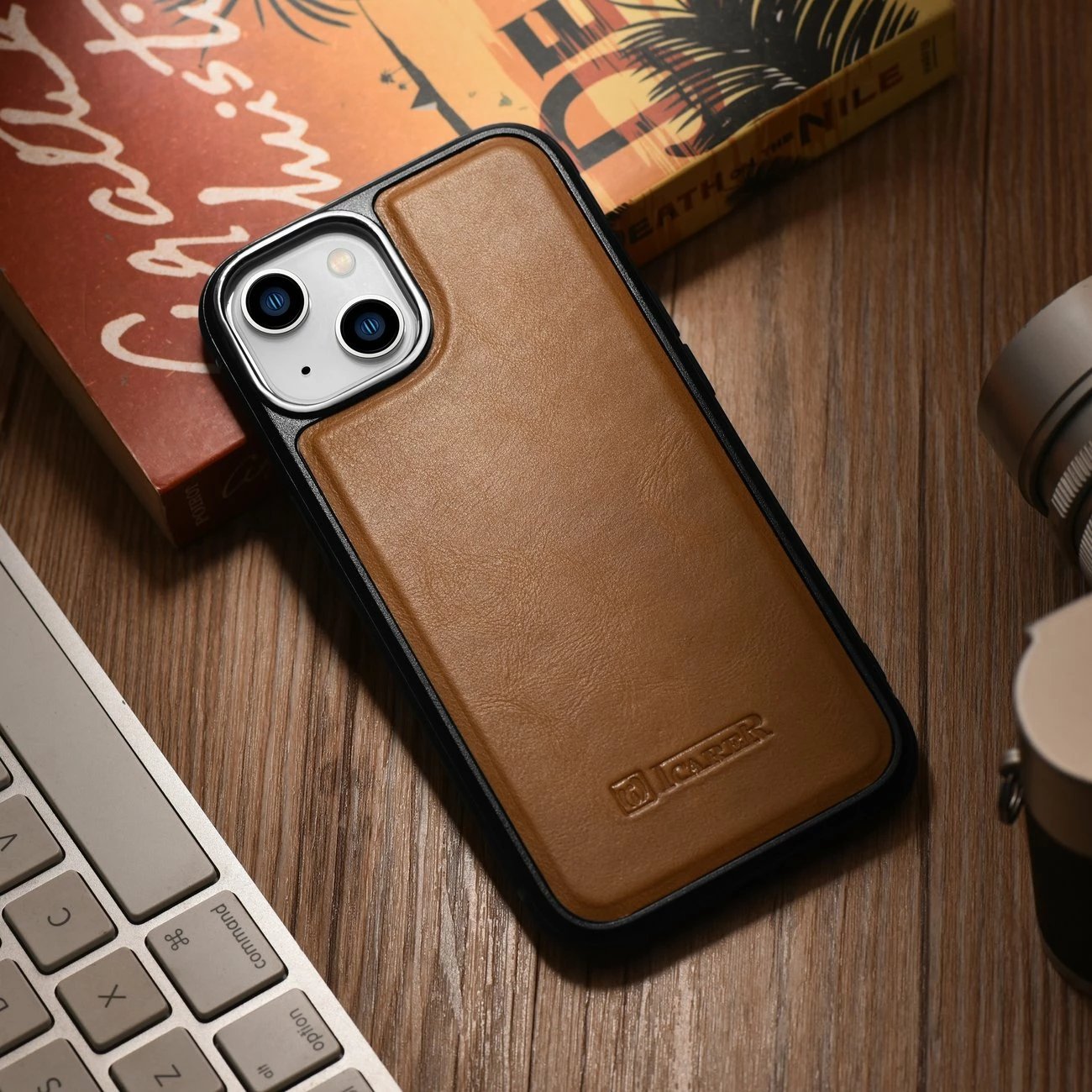 Mbështjellës iCarer për iPhone 14 Plus, lëkurë natyrale, kafe