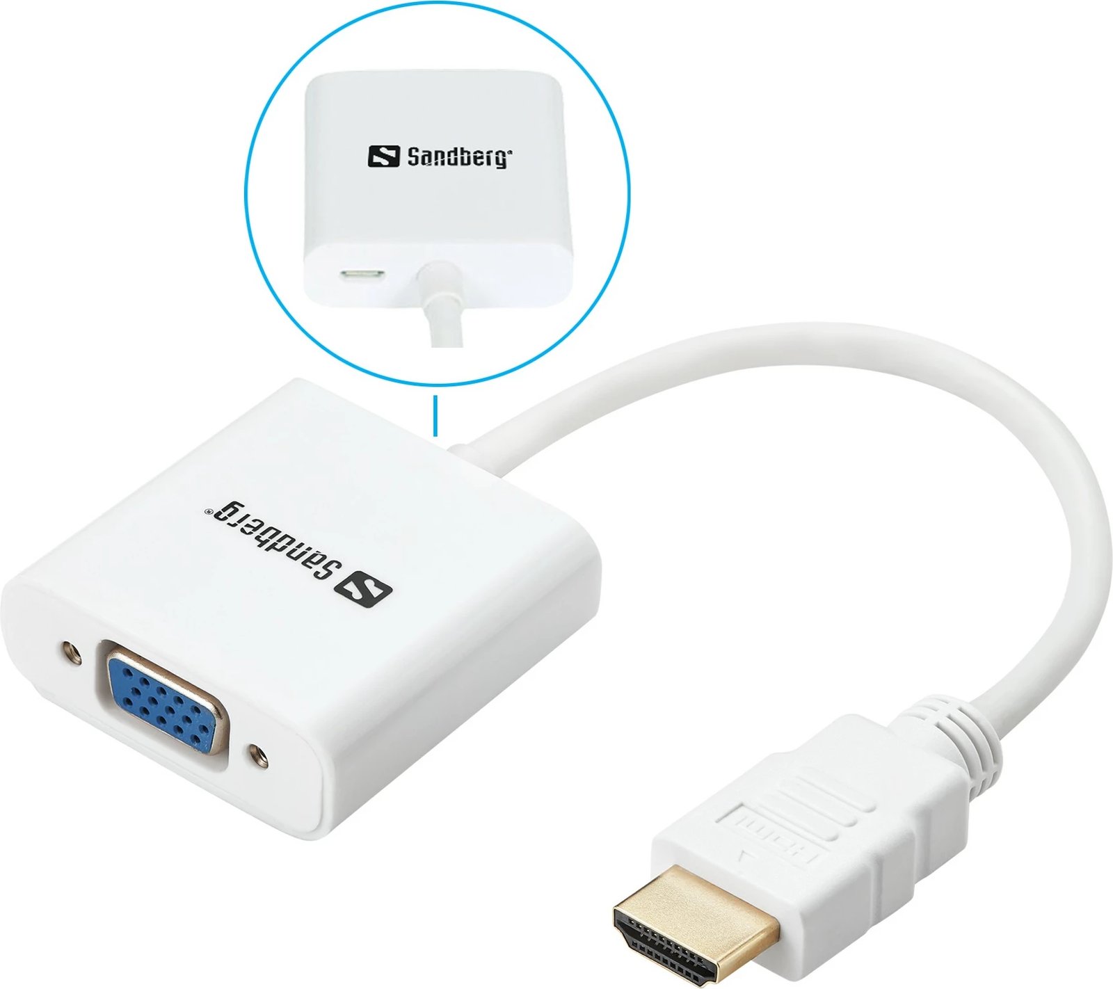 Adapter HDMI në VGA Sandberg, VGA (D-Sub), HDMI Type A (Standard), Bardhë