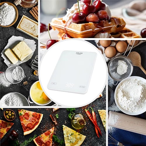 Peshore kuzhine, Adler, AD 3177, kapacitet 10kg, USB Type-C e rikarikueshme, platformë xhami 16x22cm, e bardhë