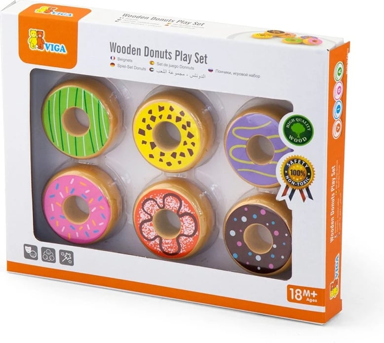 Lodër druri, Viga, donut prej druri, diametër 60 mm, për 18+ muaj, shumëngjyrësh, set 6 copë