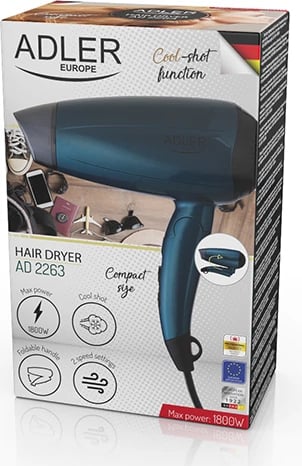 Tharëse flokësh, Adler, AD 2263, 1600-1800W, dorezë palosëse, 2 nivele nxehtësie dhe shpejtësie, blu e errët