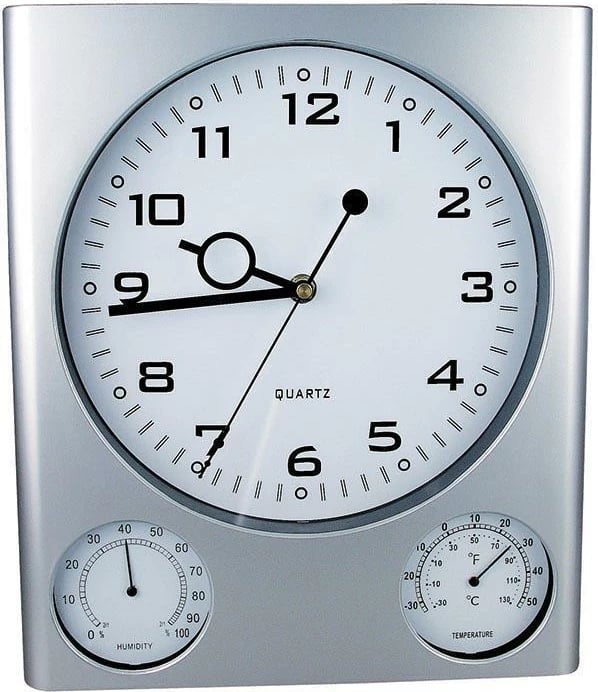 Orë muri MACMA me termometër dhe higrometër, kornizë argjendi, 27.5x32x2.5cm
