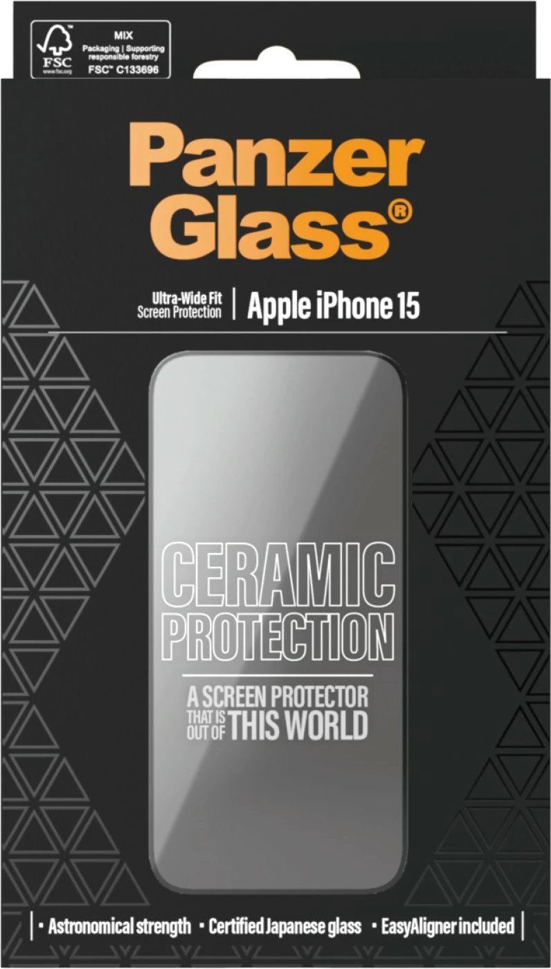 Mbrojtës ekrani PanzerGlass për iPhone 15, Ceramic, Ultra-Wide Fit, transparent
