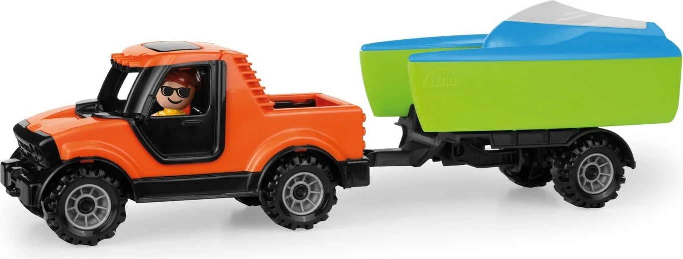 Set lodrash kamionçinë me rimorkio dhe varkë Lena Truckies, shumëngjyrëshe