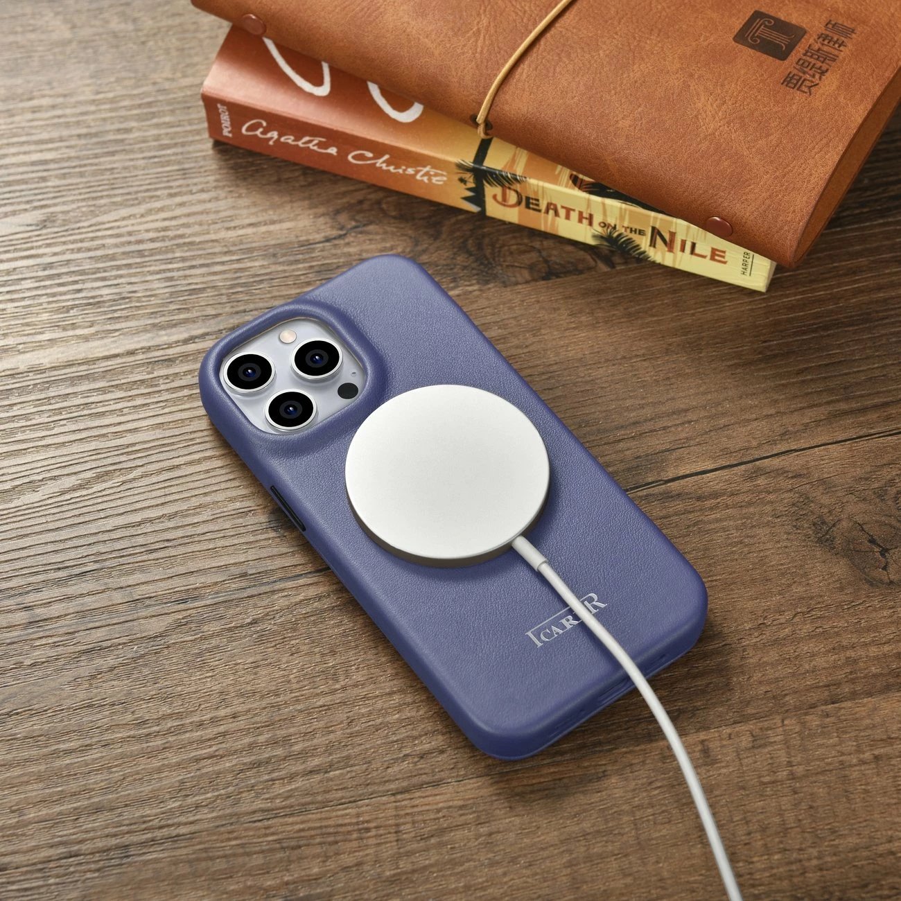 Mbështjellës iCarer CE Premium lëkure për iPhone 14 Pro Max, MagSafe, Vjollcë e lehtë