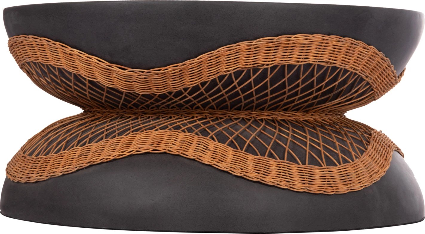 Tavolinë e ulët rrumbullake ANNA, fibër-cement, e zezë, ratan natyral, FH18157.01, 92x44.5cm