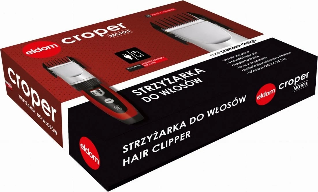 Makine qethëse Eldom MG10U, tehe qeramike, 5 pozicione, 3–12 mm, bateri + rrymë, USB-C, zezë e kuqe