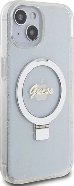 Mbështjellës Guess Ring Stand Script Glitter MagSafe për iPhone 15/14/13, transparent