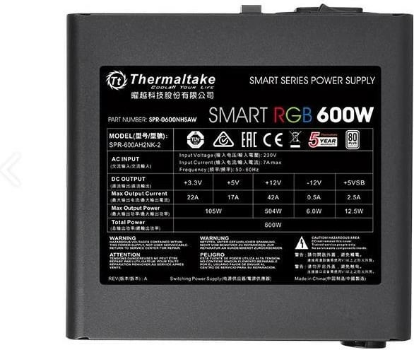 Kasë Thermaltake Smart RGB 600W, 80 PLUS, 2xPEG, 120mm, e zezë