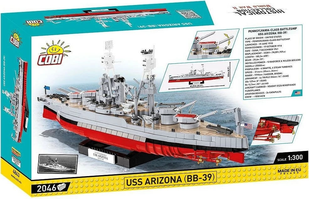 Set ndërtimi Cobi Klocki USS Arizona BB-39, 2046 pjesë, plastikë, Historical Collection