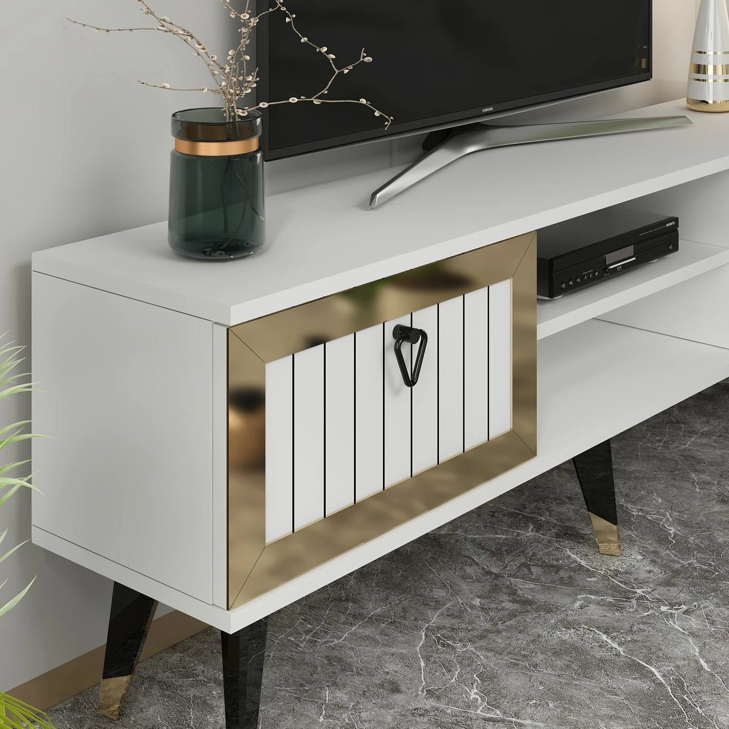 Komodë për TV Skye Decor, Lidya, e bardhë dhe ari