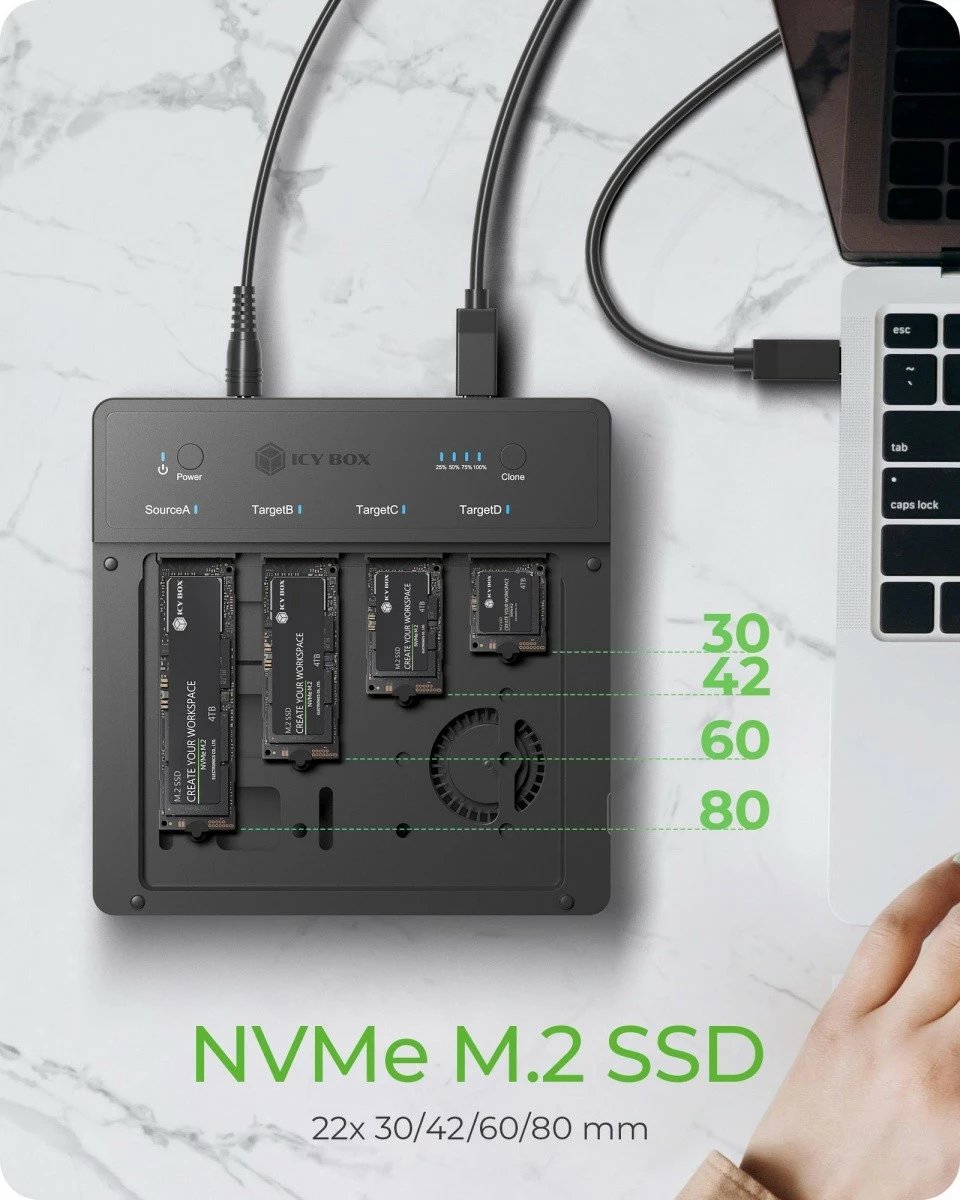 Duplikator SSD NVMe M.2 IcyBox IB-4013MCL-C4, 4 slote, USB4, i zi
