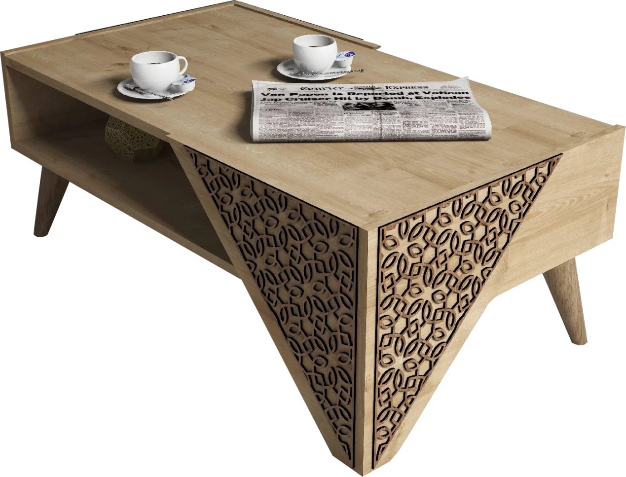 Tavolinë kafeje melamine, ngjyrë lisi natyral, CNC relief, 105x58x40H cm