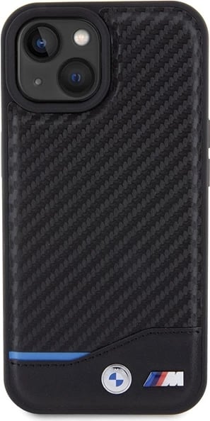 Mbështjellës BMW Leather Carbon për iPhone 15, i zi