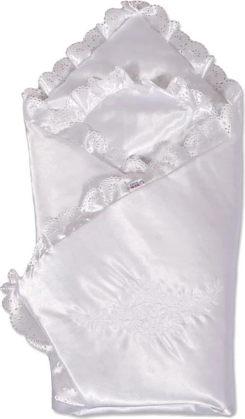 Mbështjellëse satin bebe, New Baby, 80x80 cm, me dantellë, me ngjitëse, anti-alergjike, e bardhë