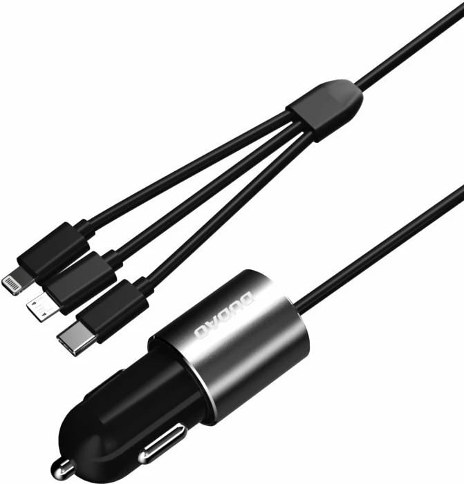 Karikues për veturë, Dudao, R5ProN, 3.4 A, USB-A 1 port, kabëll i integruar 3‑në‑1 Lightning/USB Type-C/Micro USB 1 m, e zezë