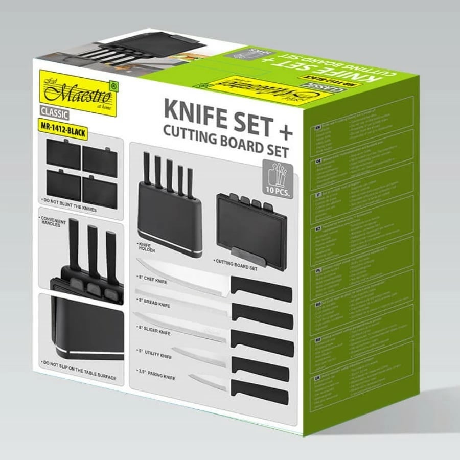 Set thikash dhe dërrasa prerëse me mbajtëse magnetike, Feel-Maestro MR-1412-BLACK, 10 copë, bllok magnetik + bazë për dërrasa, i larë në enëlarëse, e zezë