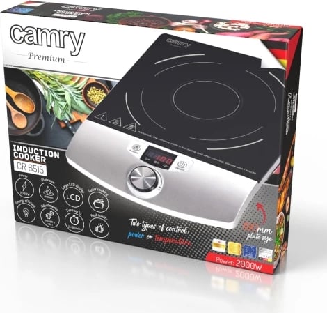 Sobë induksioni portative, Camry, CR 6515, 2000W, LCD, timer 0-180 min, rregullim temperature 60-240°C dhe fuqie, sipërfaqe qelqi qeramike Ø190mm, e zezë/argjend