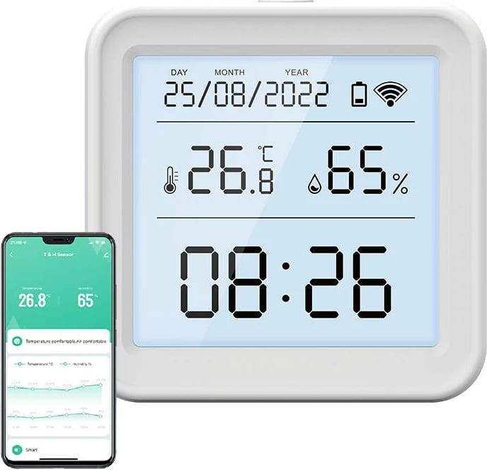Sensor temperature dhe lagështie smart Gosund S6 me ekran LCD, Wi-Fi, i bardhë