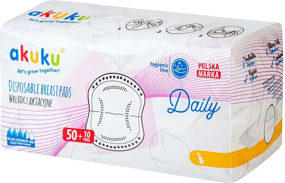 Peta gjiri të disponueshme, AKUKU Daily, super thithëse me bërthamë xheli, strukturë e frymëmarrshme, shirit ngjitës i gjerë, e bardhë, paketim 60 copë