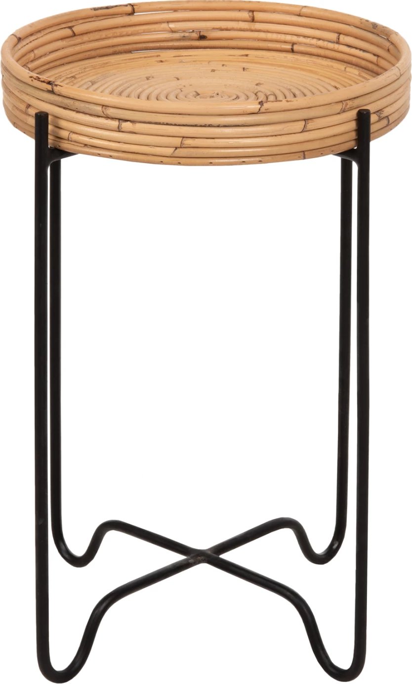 Tavolinë anësore e rrumbullakët FLY, ratan natyral, bazë metalike e zezë, FH7905, Φ32x48H cm