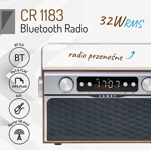 Radio Bluetooth portative, Camry CR 1183, FM, USB/SD/AUX, Bluetooth 5.0, altoparlantë stereo 2x6 W, bateri 2600 mAh