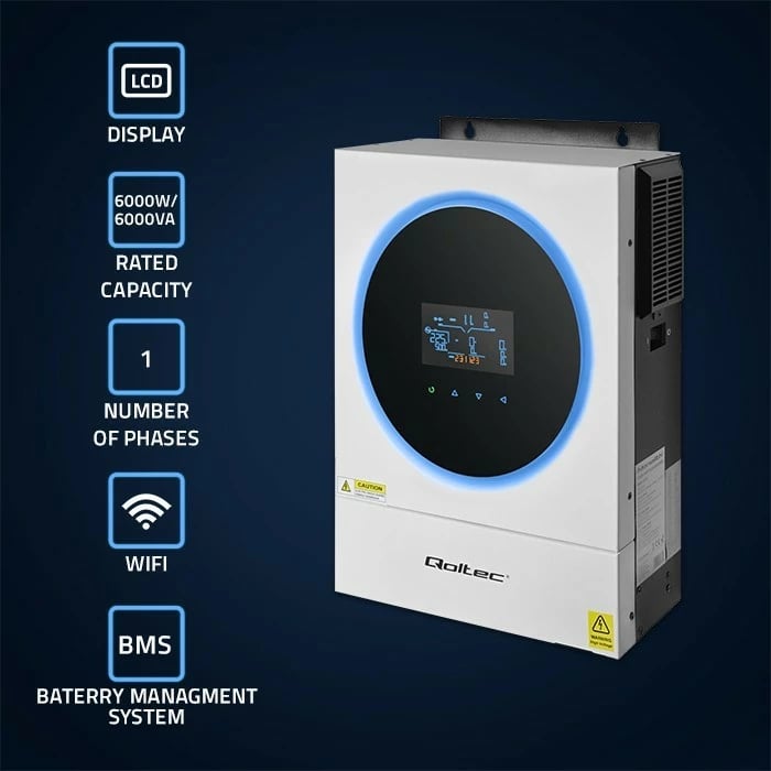 Inverter solar hibrid Qoltec 53873, 6kVA/6kW, MPPT 120A, Wi-Fi, LCD, BMS, zi/bardhë