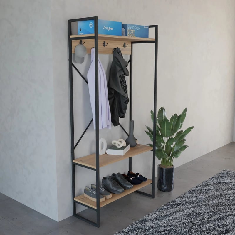 Mobilje hyrëse Levento, ngjyrë lisi me kornizë metalike të zezë, 88x34x180 cm