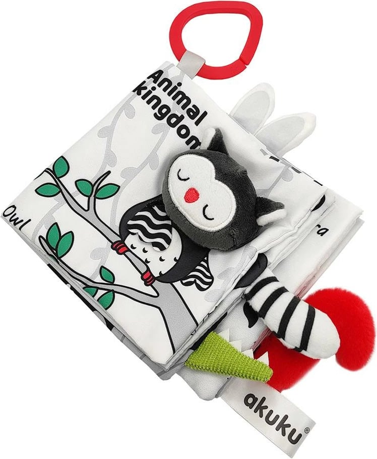 Libër sensorik kontrasti për bebe, Akuku Animals, 12 x 12 cm, me kapëse për karrocë/krevat, shumëngjyrësh