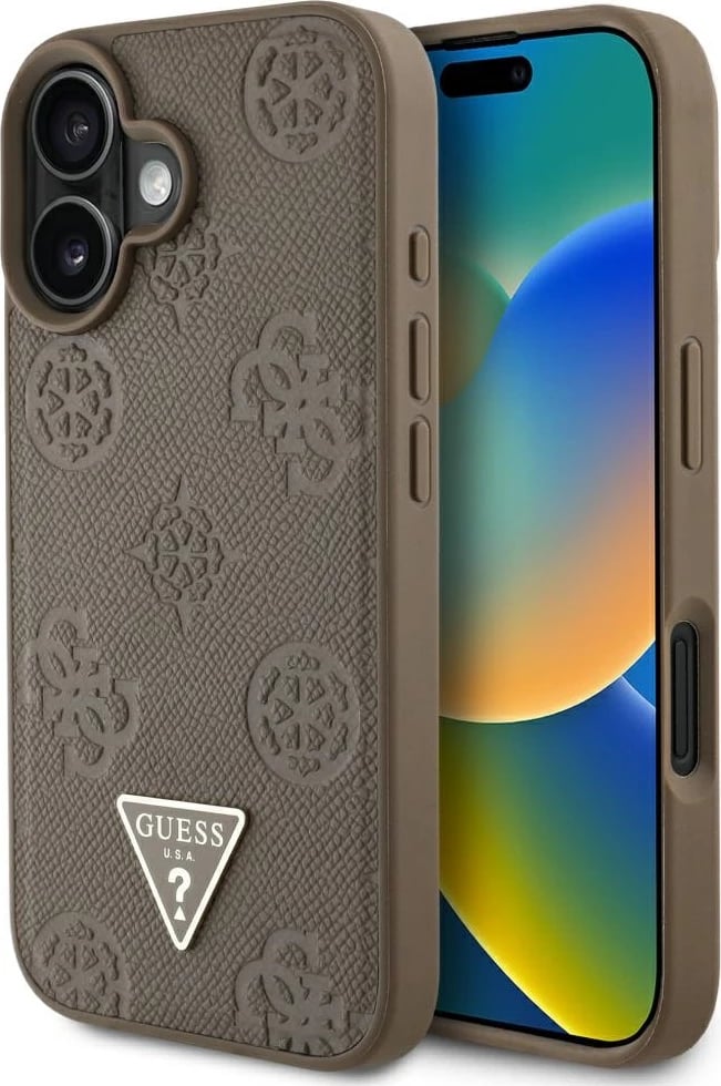 Mbështjellës Guess Grained Hot Stamp Peony Triangle Logo MagSafe për iPhone 16, Kafe