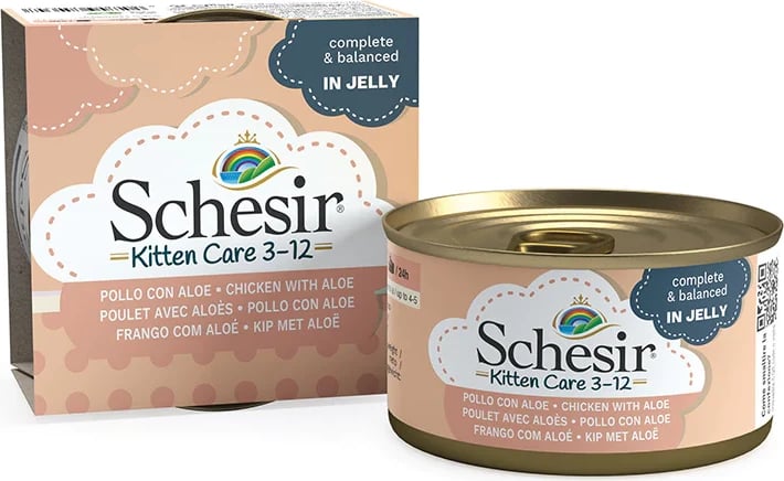 Ushqim për kotele 3-12 muaj Schesir, me pule dhe aloe, 85 gr