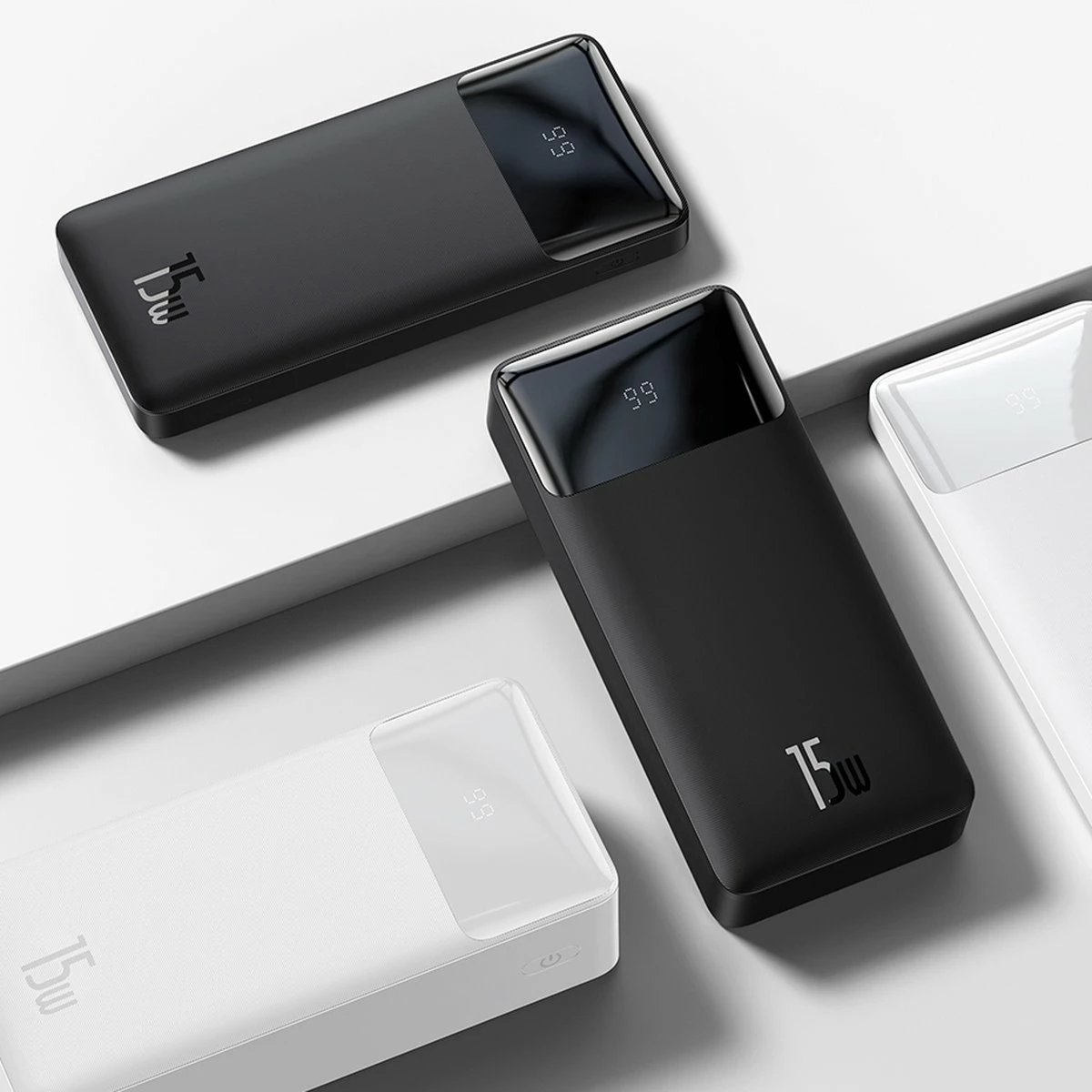 Powerbank Baseus Bipow 30000mAh 15W, me ekran, Bardhë, me kabllo USB-A në Micro USB 0.25m