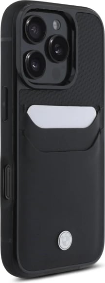 Mbështjellës BMW Sign prej lëkure për iPhone 16 Pro Max, i zi