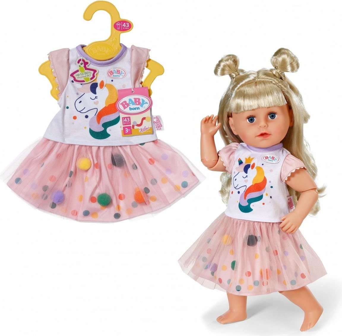 Rroba kukulle fustan tutu, Baby Born 871720-116725, për kukull deri 43 cm, motiv njëbrirësh, shumëngjyrëshe