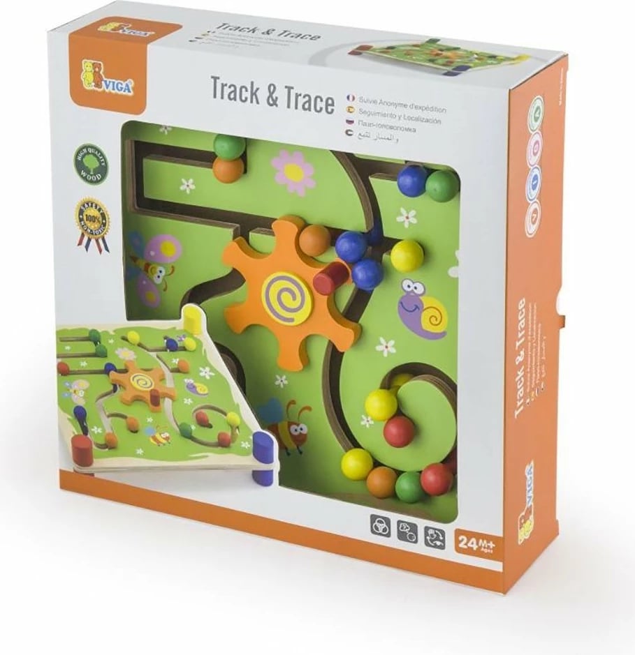 lojë labirint druri, Viga, Maze, me ingranazh rrotullues dhe 12 kunja, 30x30x7.5 cm, 3+ vjeç, multicolor