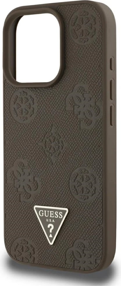 Mbështjellës Guess Grained Hot Stamp Peony Triangle Logo MagSafe për iPhone 16 Pro Max, Kafe