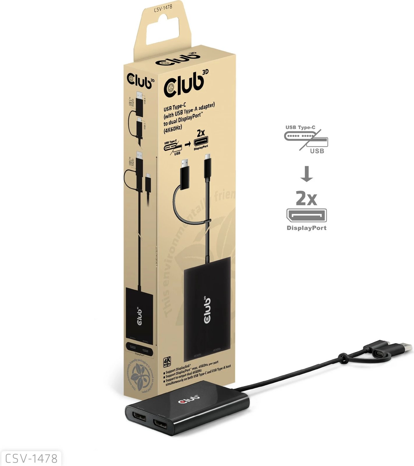 Adapter Club3D USB-C/USB-A në 2x DisplayPort 4K, i zi