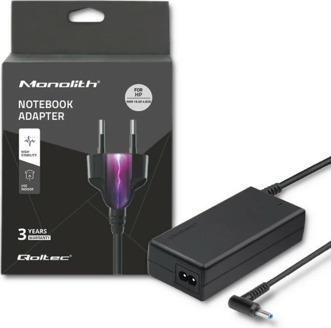 Adapter rryme Qoltec për HP Compaq, 90W, 19.5V, 4.62A, 4.5*3.0+pin, i zi