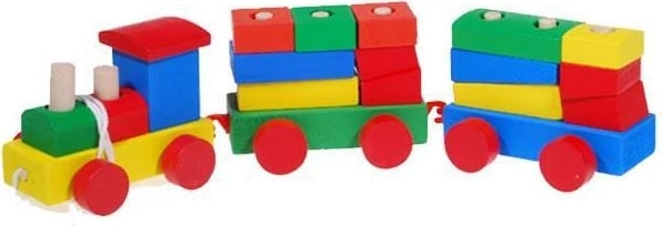 Lodër tren druri tërheqëse NEXT, 3 vagona, shumëngjyrëshe